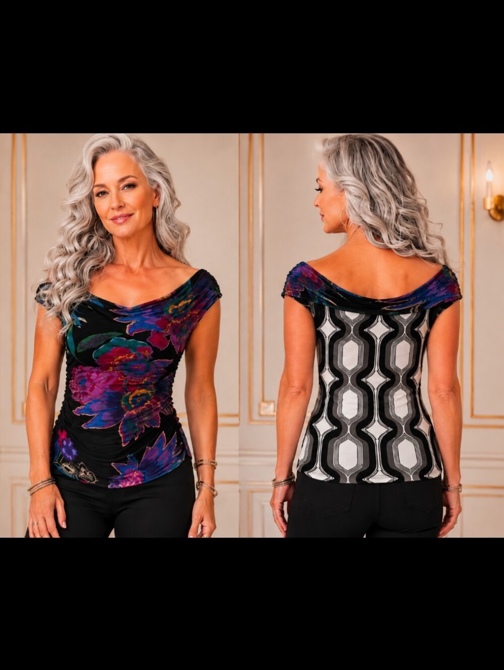 Desigual - Size L - Floral/Abstract Print On/Off Shoulder Statement Top